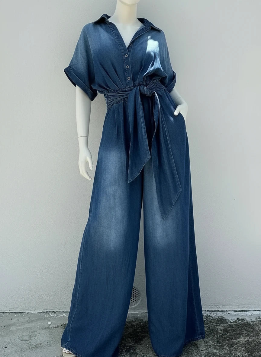 Button Front Wide Leg Denim Jumpsuit