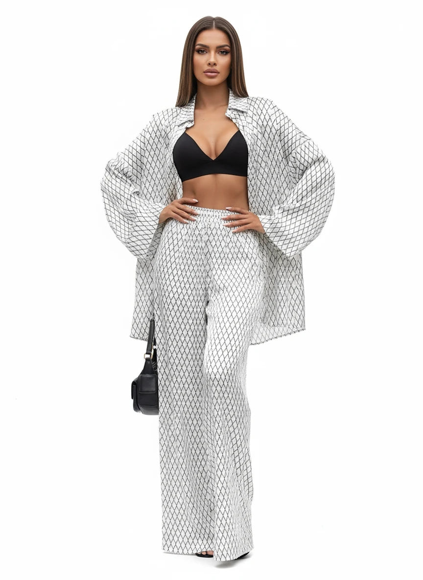 Diamond Pattern Long Sleeve Top and Pants Two-Piece Set